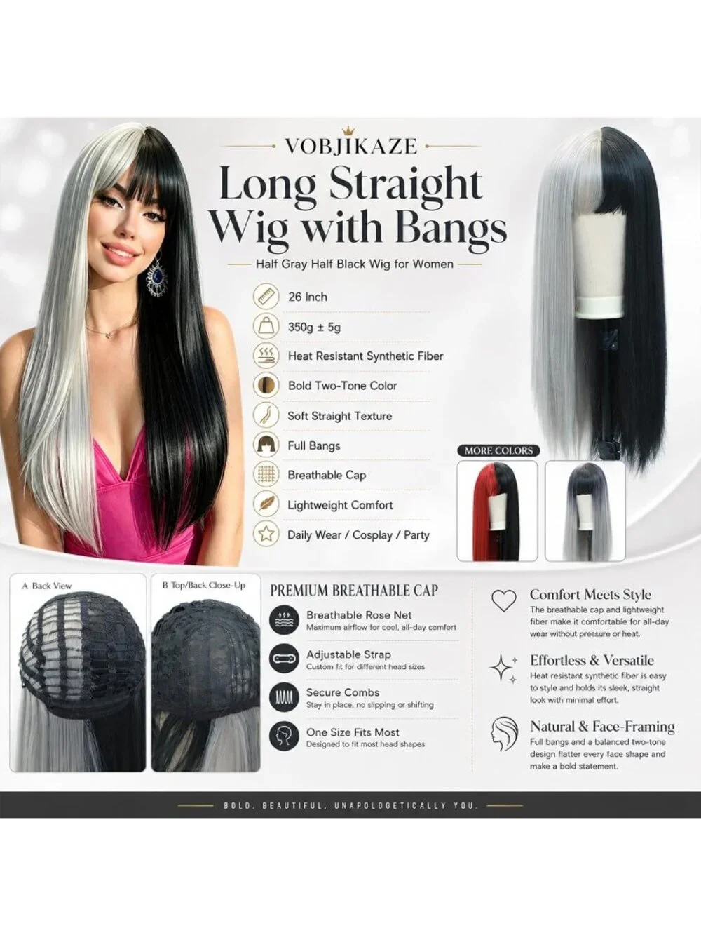 Women's Grey Black 26 Inch Heat Resistant Synthetic Long Straight Wigs Bangs